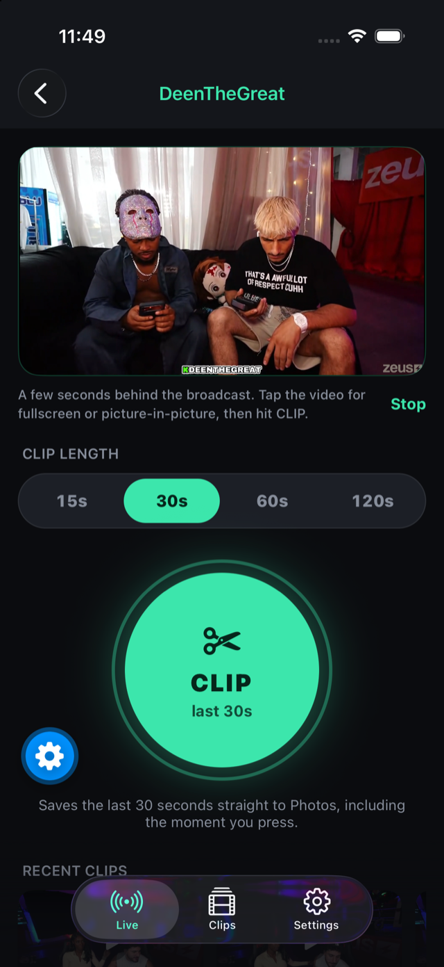 ClipBuffer on iPhone: a channel page with the live buffer playing and the big CLIP button